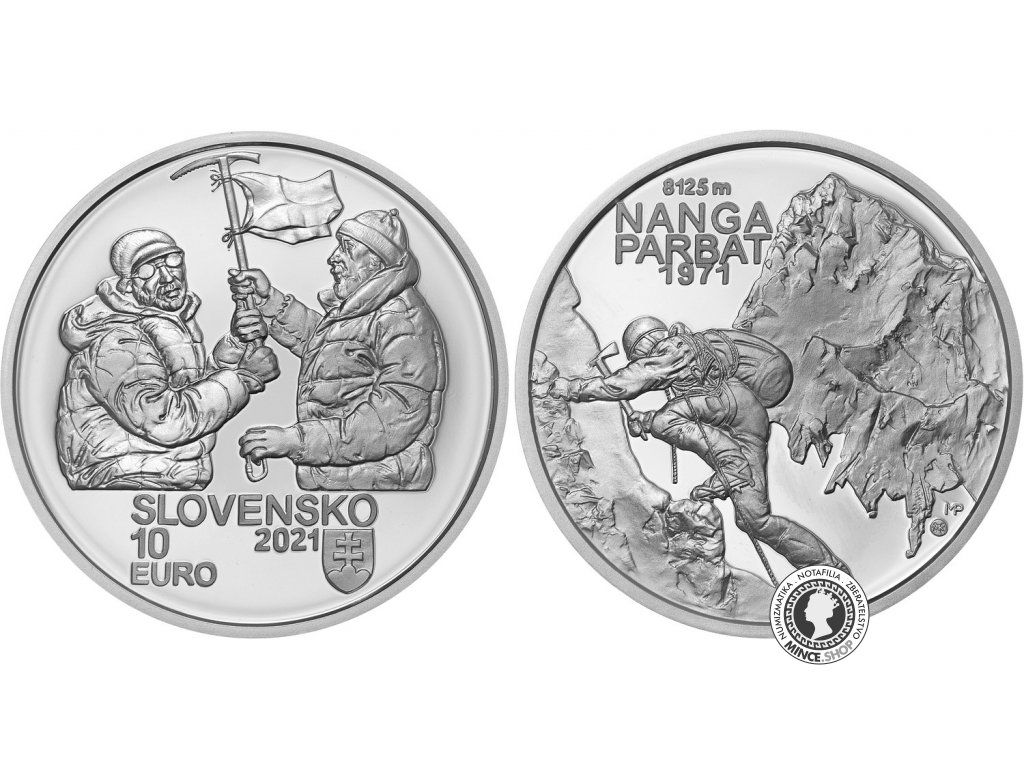 Strieborná minca Ag Proof 10€ / 2021 - Zdolanie prvej osemtisícovej hory (Nanga Parbat) slovenskými horolezcami - 50. výročie