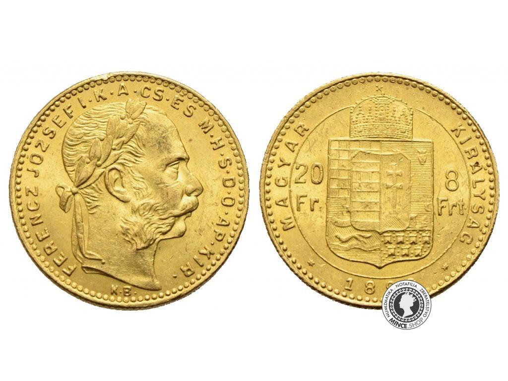 Zlatá minca 8 gulden 20 Fr Františka Josefa I. Uhorská razba 1890 KB