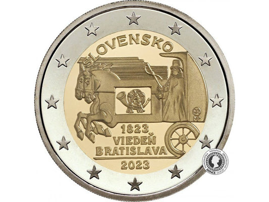 Minca 2€ (2023) proof like - Začiatok pravidelnej expresnej pošty ťahanej koňmi na trase Viedeň - Bratislava - 200.výročie