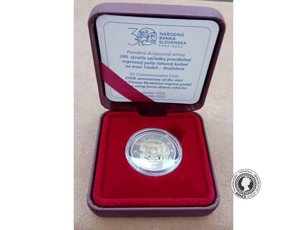Minca 2€ (2023) proof like - Začiatok pravidelnej expresnej pošty ťahanej koňmi na trase Viedeň - Bratislava - 200.výročie