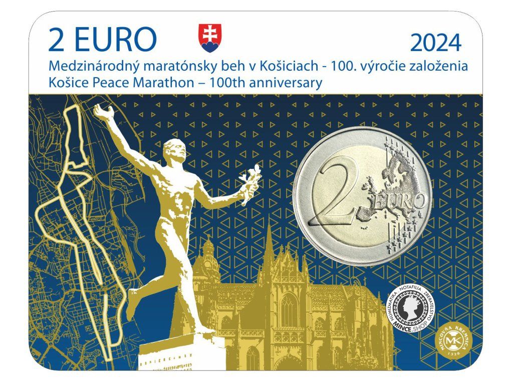 Zberateľská karta coin card 2€ (2024) - Medzinárodný maratónsky beh v Košiciach - 100.výročie založenia