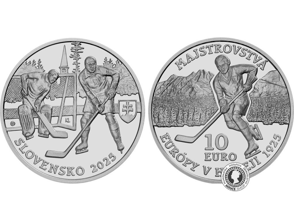 Strieborná zberateľská eurominca BK 10 eur / 2025 Prvý medzinárodný športový turnaj na území SR – Majstrovstvá Európy v hokeji – 100. výročie