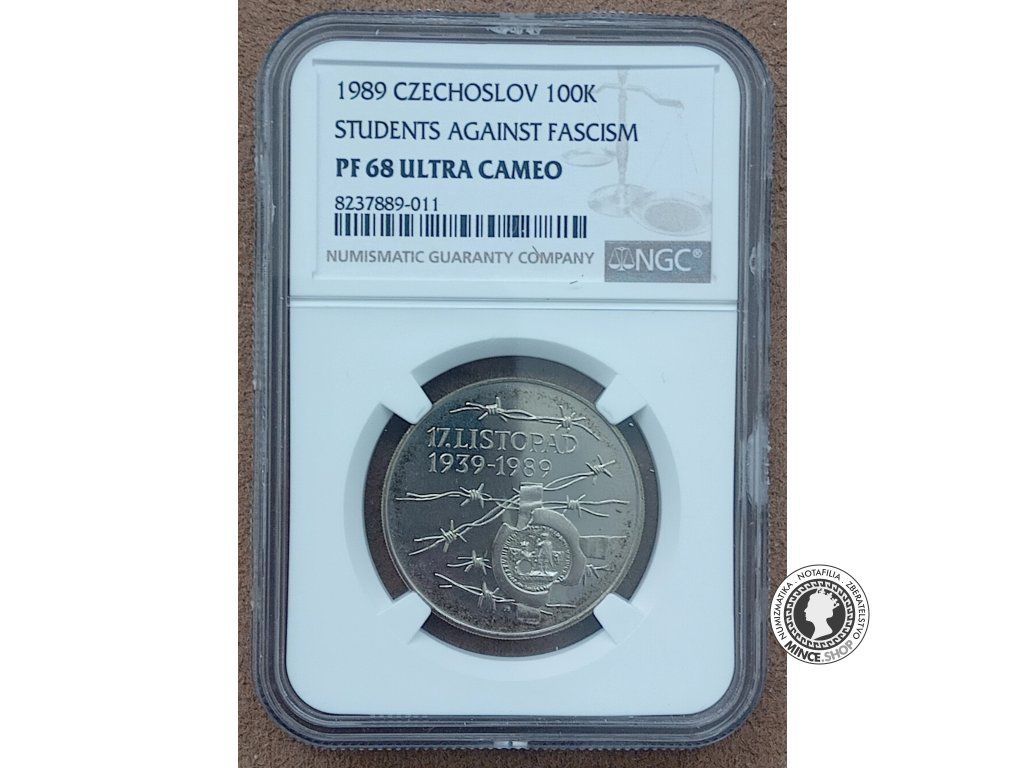 Strieborná minca 100 Kčs / 1989 - 17.listopad 1939 - kvalita PF 68