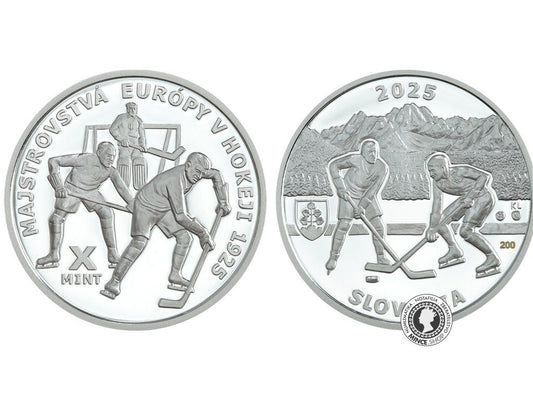 Strieborná medaila - Nezrealizované motívy zberateľských mincí - 10 € Prvý medzinárodný športový turnaj na území SR - ME v hokeji - 100.výročie