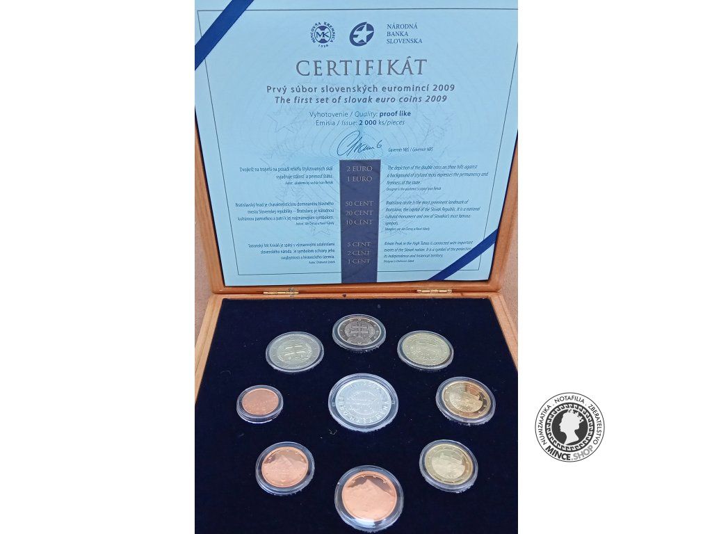 Sada Slovenské Euromince - Prvý súbor Slovenských Euromincí proof 2009 - drevená kazeta