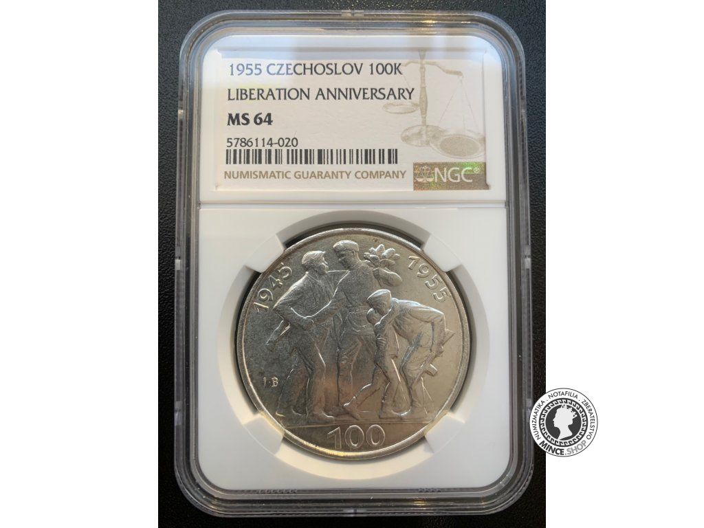 NGC MS 64 - 100 Kčs/1955 - Oslobodenie Československa - 10. výročie (varianta ostré "J")