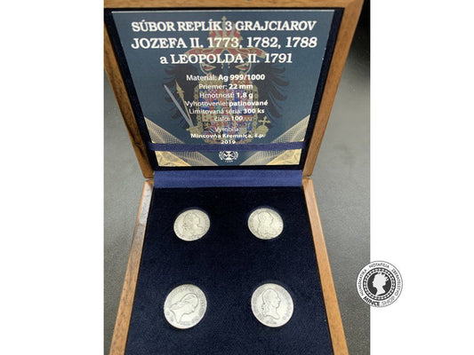 Strieborné repliky 3 grajciarov Jozefa II. 1773, 1782, 1788 a Leopolda II. 1791