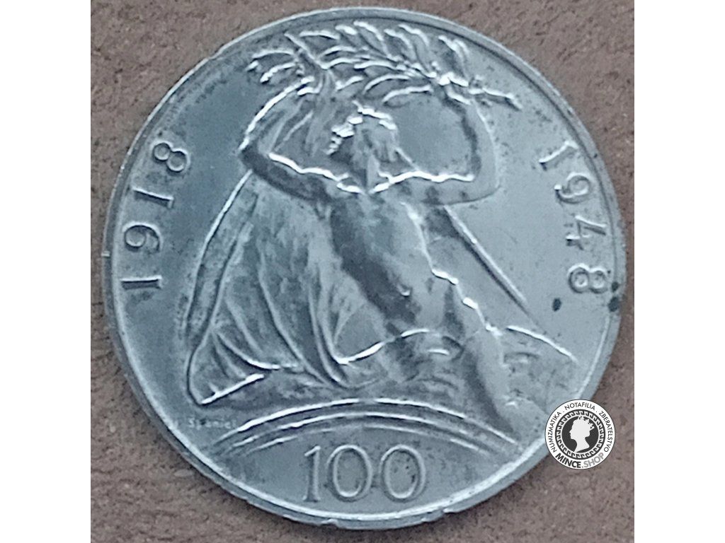 Strieborná minca 100 Kč 30.výročie ČSR 1948