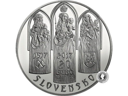 Strieborná minca Ag Proof 20€ / 2017 - Pamiatková rezervácia Levoča a 500. výročie dokončenia hlavného oltára v Kostole sv. Jakuba