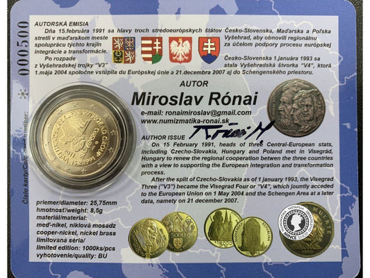 EMISIA AUTORA Rónai. Číslo 500 s čiernym podpisom - Coincard 2 EURO/2011 - Vyšehradská skupina - 20. výročie vzniku