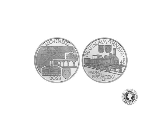 Strieborná minca PROOF 10 eur / 2023 - Prvá parná lokomotíva medzi Bratislavou a Trnavou – 150. výročie