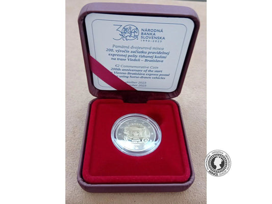 Minca 2€ (2023) proof like - Začiatok pravidelnej expresnej pošty ťahanej koňmi na trase Viedeň - Bratislava - 200.výročie