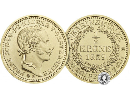 Zlatá medaila - Kremnické razby Františka Jozefa - spolková 1/2 koruna 1859