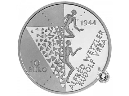 Strieborná minca 10€ (2024) proof - Podanie správy o nacistických vyhladzovacích táboroch Auschwitz a Birkenau - 80.výročie / Wetzler, Vrba, holokaust