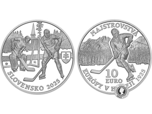 Strieborná zberateľská eurominca PROOF 10 eur / 2025 Prvý medzinárodný športový turnaj na území SR – Majstrovstvá Európy v hokeji – 100. výročie