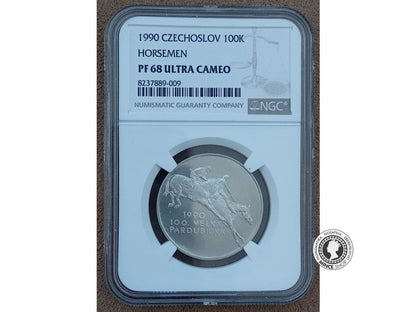 Strieborná minca 100kčs / 1990 - 100.Velká Pardubická - kvalita PF 68