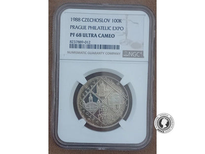Strieborná minca 100 Kčs Svetová výstava poštových známok Praga 88 1988 - kvalita PF 68