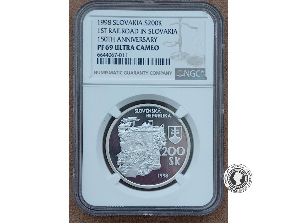Strieborná minca 200 Sk / 1998 - Prvý parný vlak na Slovensku 1848-1998 - kvalita PF 69