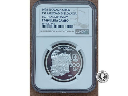 Strieborná minca 200 Sk / 1998 - Prvý parný vlak na Slovensku 1848-1998 - kvalita PF 69