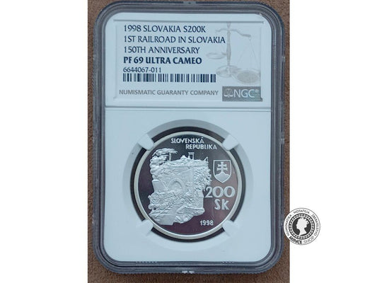 Strieborná minca 200 Sk / 1998 - Prvý parný vlak na Slovensku 1848-1998 - kvalita PF 69