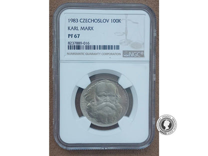 Strieborná minca 100 Kčs / 1983 - Karel Marx - kvalita PF 67