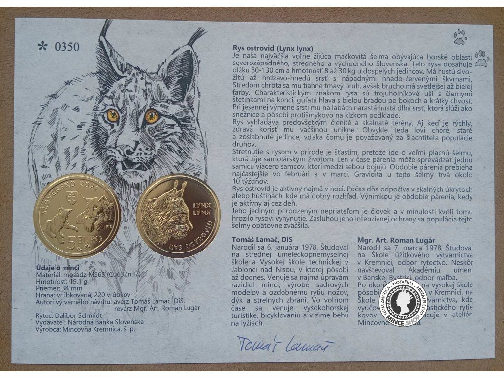 Autorská karta 5€ 2022 - Rys Ostrovid