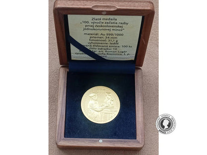 Zlatá medaila - 100.výročie začatia razby prvej československej jednokorunovej mince