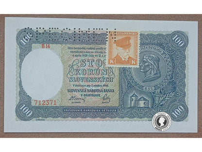 100 Korún koľkovaných - 1940 - Slovenský Štát / Česko-Slovensko - SPECIMEN