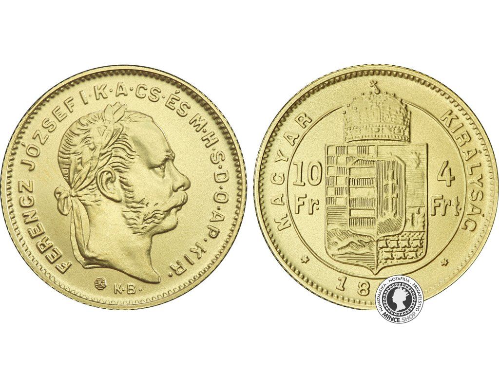 Zlatá medaila - Kremnické razby Františka Jozefa - 4-zlatník (4-forint/10-frank z roku 1874) * uhorská razba