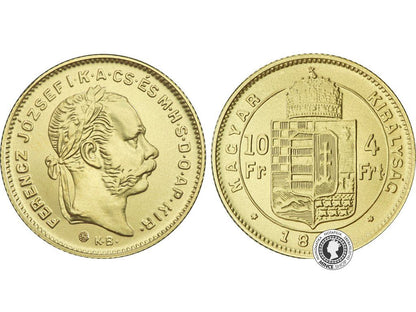 Zlatá medaila - Kremnické razby Františka Jozefa - 4-zlatník (4-forint/10-frank z roku 1874) * uhorská razba