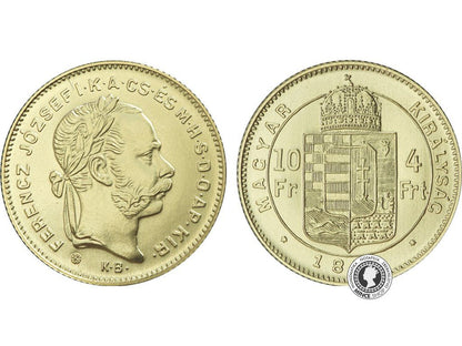 Zlatá medaila - Kremnické razby Františka Jozefa - 4-zlatník (4-forint/10-frank z roku 1880) *iný tvar hlavy