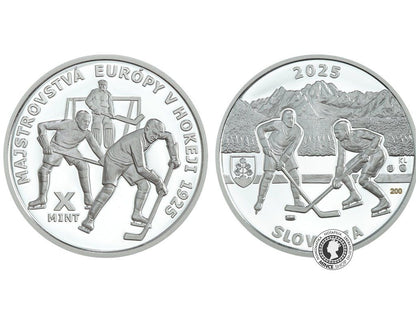 Strieborná medaila - Nezrealizované motívy zberateľských mincí - 10 € Prvý medzinárodný športový turnaj na území SR - ME v hokeji - 100.výročie