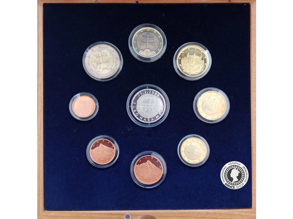Sada Slovenské Euromince - Prvý súbor Slovenských Euromincí proof 2009 - drevená kazeta