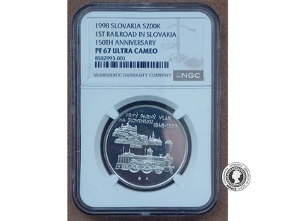Strieborná minca 200 Sk / 1998 - Prvý parný vlak na Slovensku 1848-1998 - kvalita PF 67 ULTRA CAMEO